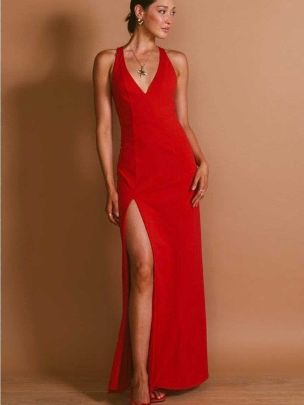 Show Me Your MuMu Rachel Red V-Neck Side-Slit Maxi Dressi